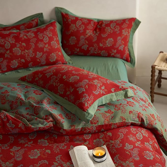 mixinni Exquisite Vintage Red Floral Duvet Cover King Size Yarn-Dyed Jacquard Textured Design Duvet Cover Set with Green Edge Design Premium Muslin Cotton-Linen Bedding Set for All Season-King Size
