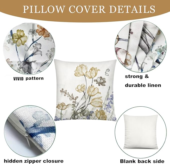 COMMINY Sage Green Flower Pillow Cover 18x18 Set of 6 Minimalist Modern Throw Pillow Cover Square Cushion Covers for Couch Sofa Living Room Home Decor