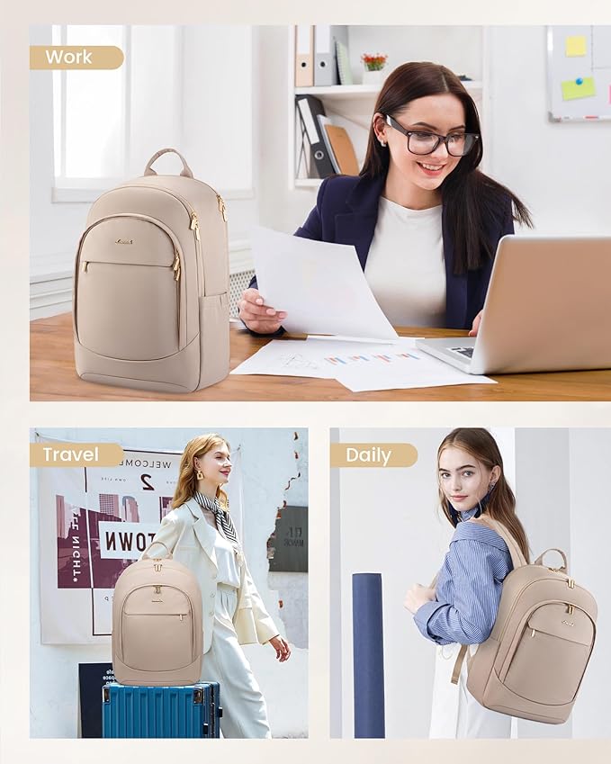 LOVEVOOK Laptop Backpack for Women, Carry On Computer Backpack, 17.3 Inch Work Backpack Purse, Business Bag with Laptop Compartment for Nurse, Teacher, Nude