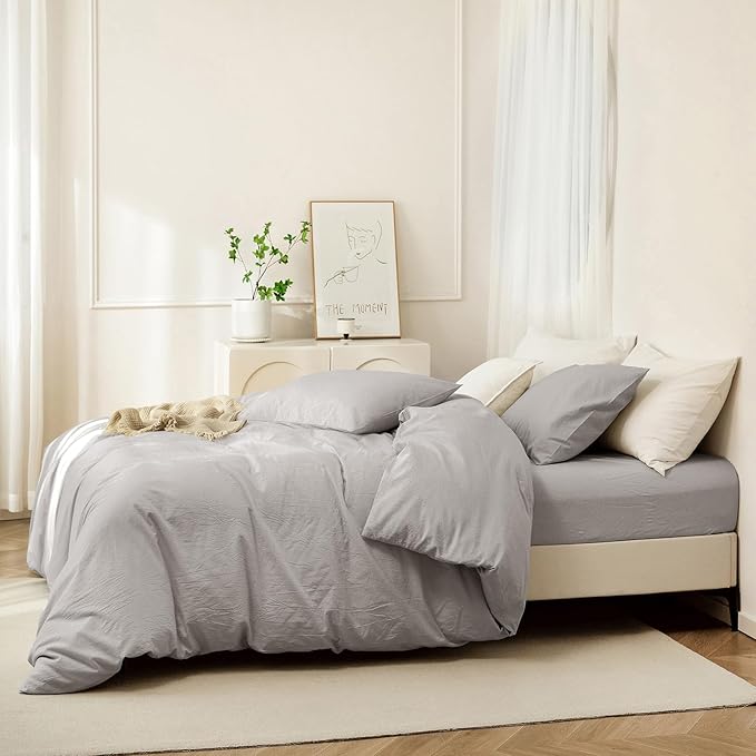 JIYUAN 100% Washed Cotton Duvet Cover Set 3 Pieces Queen, 1 Duvet Cover 90x90 Inches(Comforter Not Included) and 2 Pillowcases,Linen Feel Bedding Set Comfy and Breathable, Heathered Pastel Grey