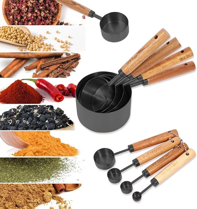 Measuring Cups and Spoons Set with Fragrant Wood Handles, 8 Piece Measuring Spoons and Measuring Cups Set,Precision Measuring Cup Set for the Kitchen Enthusiast(Black)