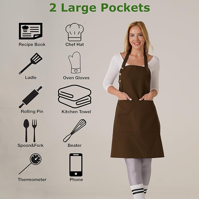 TOSHE Kitchen Apron Waterdrop Resistant Cotton Apron with adjustable Aprons for Women with Pockets 12 Color option Cooking Brown Apron (Brown)