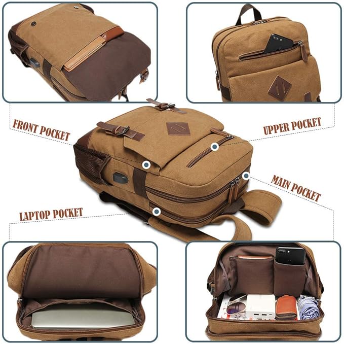 Canvas Backpack for Men Women, Vintage Rucksack Fits Most 15.6 Inch Laptop, Bookbag with USB Charging Port, Brown