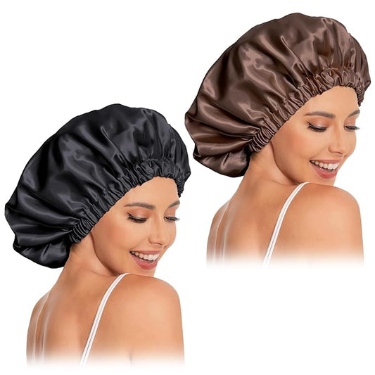 Satin Bonnet Silk Bonnet Hair Bonnet for Sleeping-Slouchy Beanie Hat Satin Sleep Cap for Women's Natural & Curly Hair(Black&Brown)
