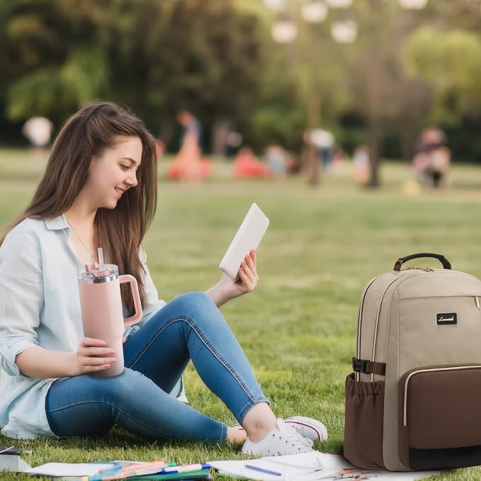 LOVEVOOK Laptop Backpack for Women with Pouch Pocket for Large Capacity Cup,15.6 Inch Teacher Nurse College Work Backpack Purse,Waterproof Laptop Bag Computer Back Pack for Travel, Khaki-Coffee-Black