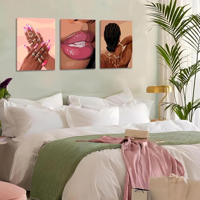 Black Girl Pink Wall Art Set of 3 African American Black Women Canvas Posters Fashion Black Girl Wall Decor Pictures Prints for Home Living Room Bedroom Bathroom Decoration 12x16 Inch Framed