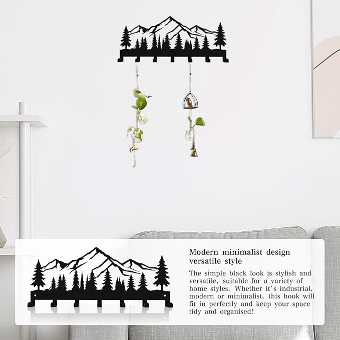 Key Holder Wall Mounted Key Hooks, Black Metal Key Rack Hooks, Little Grove, Mountain Theme Wall Decoration Hooks, with 7 Hooks, Applicable to Front Doors, Lobby,Corridor, Offices (12 ")