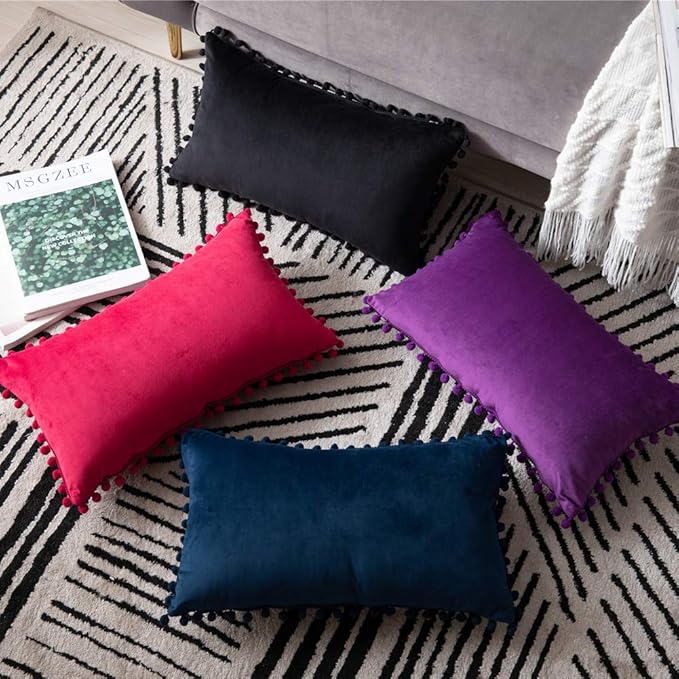 DEZENE Couch Pillow Cases 12x20 Navy: 2 Pack Cozy Soft Pom-poms Velvet Rectangular Throw Pillow Covers for Farmhouse Home Decor