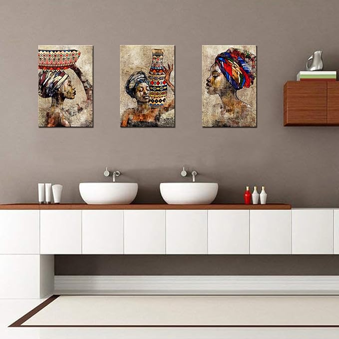Biuteawal 3 Pieces African American Wall Art Tribal Black Girl Ethnic Style Picture Vintage Brown Artwork Abstract Painting for Bedroom Home Decor Stretched and Framed Ready to Hang
