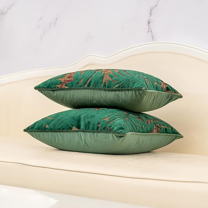 Alerfa 18 x 18 Inch Green Teal Square Maple Leaf Pillow Embroidery Cut Velvet Cushion Case Luxury Modern Lumbar Throw Pillow Cover Decorative Pillow for Couch Sofa Living Room Bedroom Car