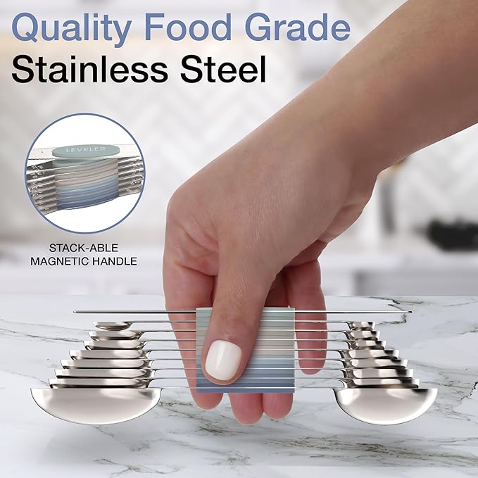 Magnetic Measuring Spoons Set - Stainless Steel, Double Ended, Stackable & Nested Design for Dry and Liquid Ingredients, Ideal for Spice Jars, 9-Piece Set with Leveler (Farmhouse)