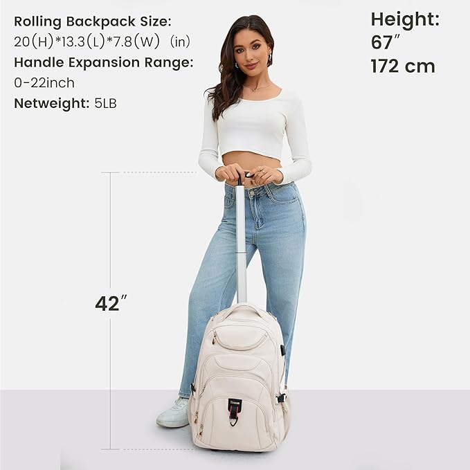 Boavan Rolling Backpack for Women, 17.3 Inch Wheeled Laptop Backpack,Large Travel Carry-On Bag for Teachers College Students, USB Charging Port Waterproof Business for Airplane Overnight Luggage，Beige