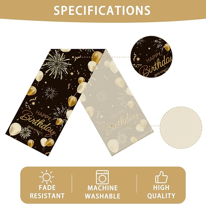Happy Birthday Black Table Runner Burlap Kitchen Dining Linen Table Decoration for Indoor Outdoor Home Party Dinner 13x72 Inch