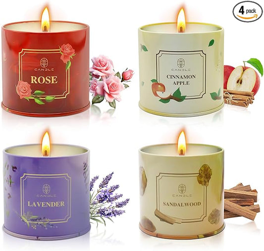Scented Candles Gift for Women,4 Pack Natural Soy Wax Candles Long Lasting Rose Lavender Sandalwood Apple Cinnamon Fragrance Gift for Mothers Day, Birthday, Thanksgiving Day, Christmas, Valentines Day