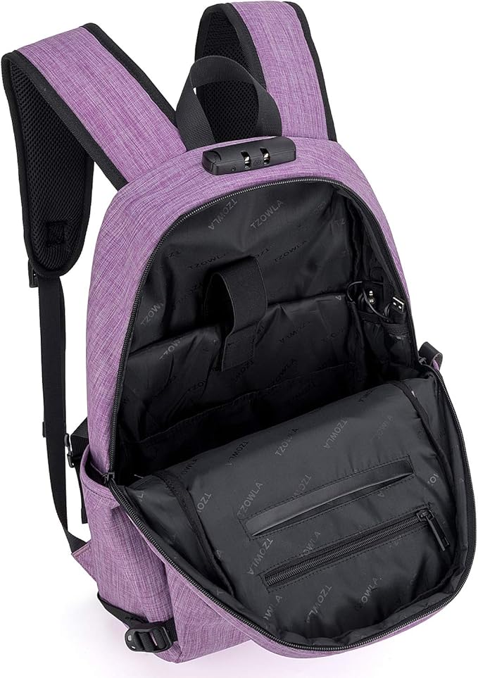 Tzowla Business Laptop Backpack Water Resistant Anti-Theft Backpack with USB Charging Port and Lock 15.6 Inch Computer Backpacks for Women, Casual Hiking Travel Daypack(Purple)