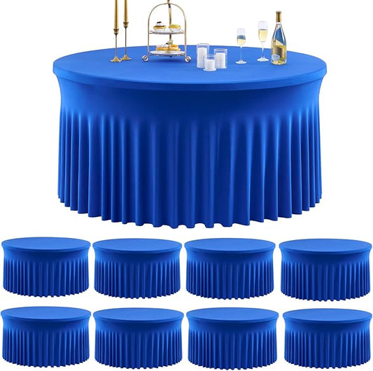 Outpain 8 Pack Royal Blue Spandex Round Tablecloth for 60in Tables, 120Inch Stretchy Fitted 5FT Round Table Clothes,Wrinkle Free Table Cover with Skirt for Wedding Party Dining Banquet