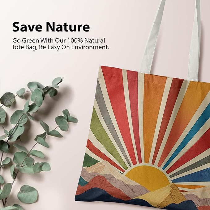 Boho Tote Bag Aesthetic, Minimalist Abstract Boho Terracotta Sun Sunshine Canvas Tote Bag for Women