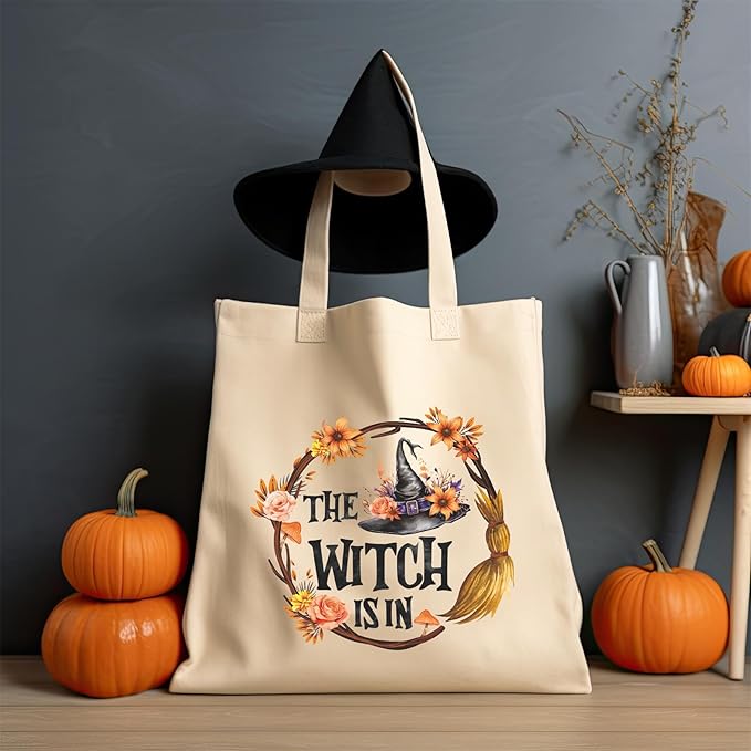 Halloween Tote Bag Retro Halloween Canvas Bag Witch Hat Cotton Canvas Tote Bag for Women Gift Holiday Reusable Grocery Bag Shoulder Bag