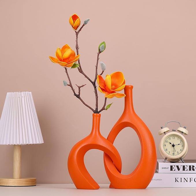 Orange Unique Hollow Bud Vases Set of 2,Modern Snuggle and Huging Style Ceramic Vase for Pampas Grass,Living Room Decorations for Fireplace,Coffee Table Centerpiece,Mantle,Bookshelf Decor