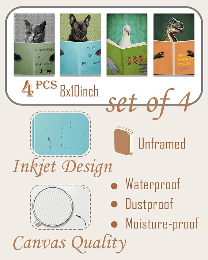 ASTRDECOR Funny Bathroom Decor Wall Art Prints Set - Animals Reading Books Inspirational Canvas Painting, Humor Vintage Bathroom Pictures, Cute Humor Animals Wall Decor Signs【8x10inch, Unframed】