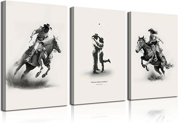 3Pcs Framed male cowboy and Cowgirl Canvas Wall Art Western Eclectic Wall Decor Pictures Wild West Prints Posters Rodeo Paintings of Western and Southwestern Decor Lovers ready to hang