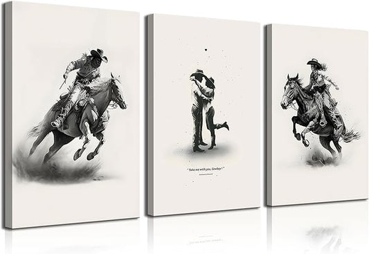 3Pcs Framed male cowboy and Cowgirl Canvas Wall Art Western Eclectic Wall Decor Pictures Wild West Prints Posters Rodeo Paintings of Western and Southwestern Decor Lovers ready to hang