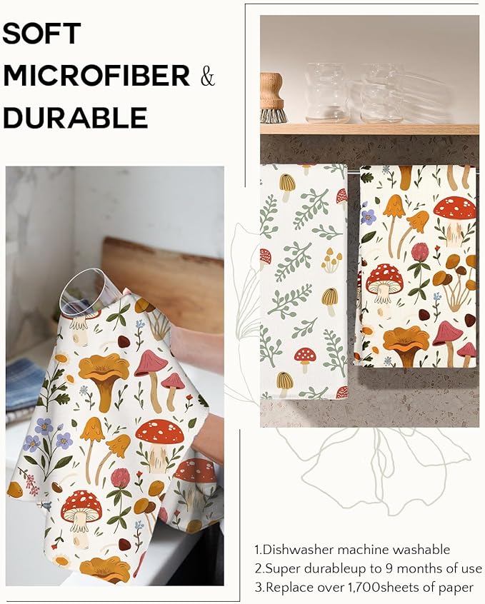 Microfiber Kitchen Towels - Set of 2 Dish Towels for Kitchen 18 x 26 Inch Home Decoration Mushroom Leaf Cute Spring Hand Towels Soft & Absorbent Aesthetic Design