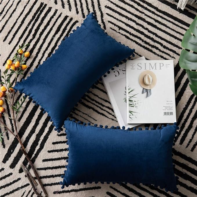 DEZENE 12x20 Throw Pillow Covers Dark-Blue: 2 Pack Cozy Soft Pom-poms Velvet Rectangular Decorative Pillow Cases for Farmhouse Home Decor