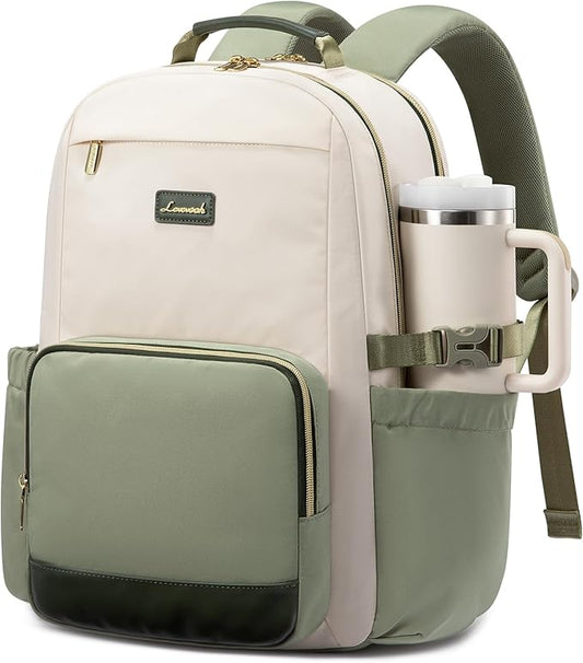 LOVEVOOK Laptop Backpack for Women with Pouch Pocket for Large Capacity Cup,17 Inch Laptop Computer Bag Travel Backpack Purse,Waterproof Work College Teacher Bags,White-Bean Green-Dark Olive Green