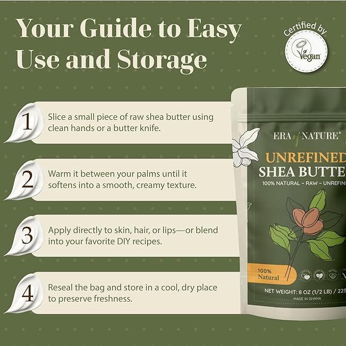 era of nature Organic Unrefined Raw African Ivory White Shea Butter 8oz - Moisturizing Raw Shea Butter Bar for Skin & Hair, DIY Lip Balm Base, Cream, Soap & Lotion Making Supplies Kit, Skincare