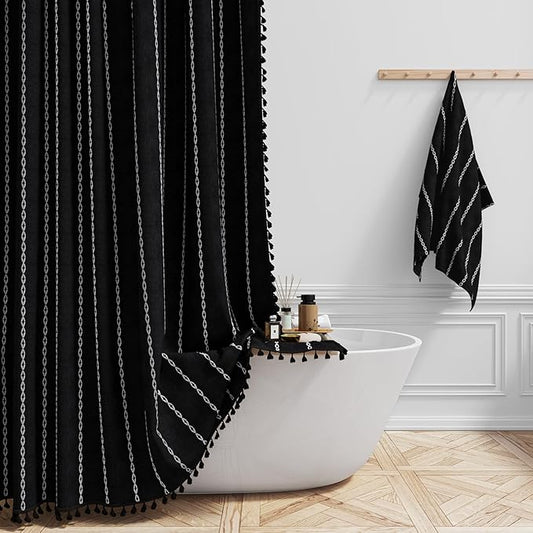 BTTN Extra Long Shower Curtain, 96 Inch Boho Rustic Striped Fabric Shower Curtain Set with Tassel, Water Repellent, Tall Chic Farmhouse Shower Curtain for Bathroom with Hooks, 72x96, Black and White