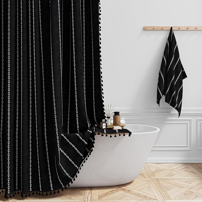 BTTN Extra Long Shower Curtain, 72x84 Inch Long Boho Tassel Linen Fabric Shower Curtain Set with Plastic Hooks, Large Modern Farmhouse Country Decorative Shower Curtain for Bathroom, Black and White