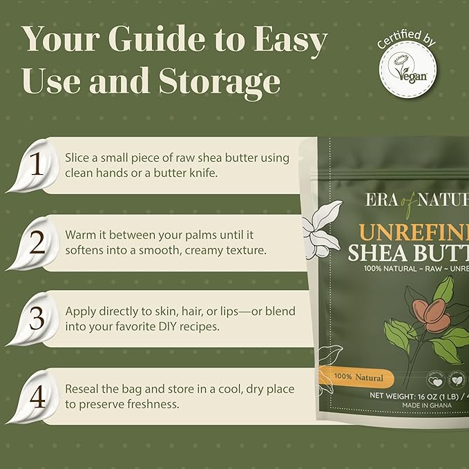 era of nature Organic Unrefined Raw African Ivory White Shea Butter 16oz - Moisturizing Raw Shea Butter Bar for Skin & Hair, DIY Lip Balm Base, Cream, Soap & Lotion Making Supplies Kit, Skincare