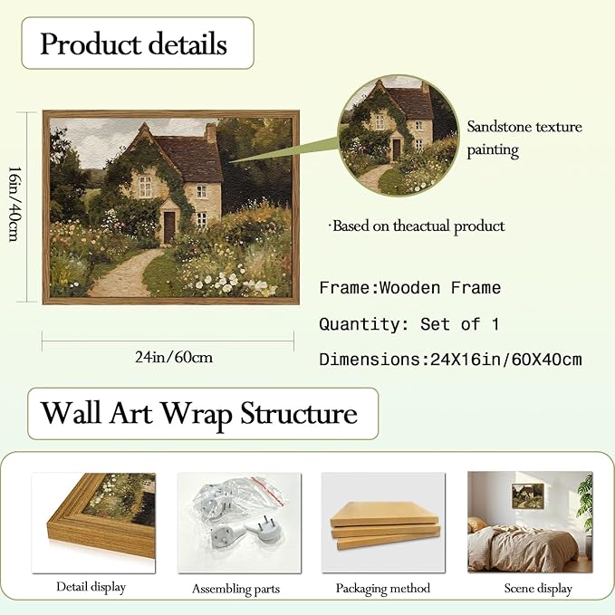 Vintage Farmhouse Wall Art, Retro Landscape Wall Decor Paintings, 3D Textured Hand Drawn Sandstone Nature Botanical Farm House Artwork for Bedroom Living Room 16x24 inch Wood Framed