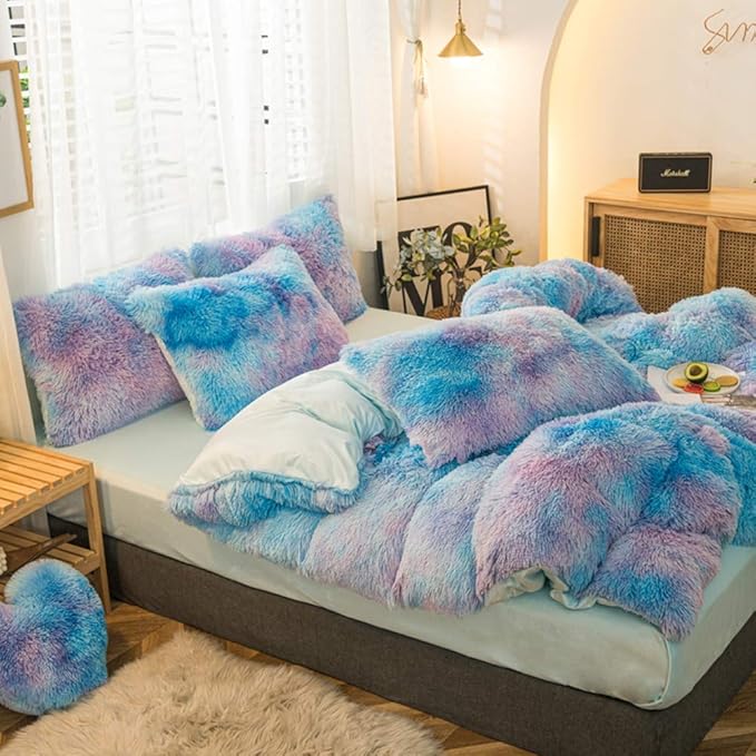 MorroMorn 5 PCS Plush Shaggy Duvet Cover Sets, Luxury Shag Fluffy Comforter Cover Fuzzy Bedding Set - Long Faux Fur Ultra Soft Cozy (Starry Sky, Full/Queen)