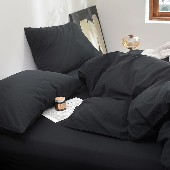 FOSSA Duvet Cover Set 100% Washed Cotton Linen Feel Super Soft Breathable Cozy 3 Pieces Bedding Sets Solid Black California King