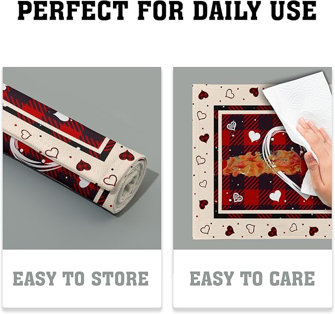 Giwawa Valentine Decorative Placemats Set of 4-12"x18" Love Heart Place Mat with Red Black Buffalo Plaids- Romantic Wedding Anniversary Linen Table Mats for Kitchen Dining Holiday Decor