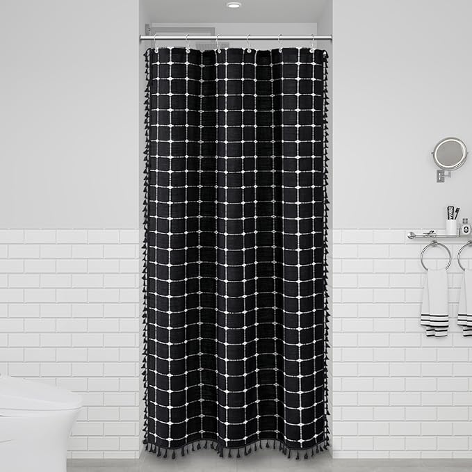 BTTN Boho Shower Stall Curtain - 36x72 Narrow Linen Ultra Thick Tassel Fabric Cloth Shower Curtain Set with 6 Plastic Hook, Small Modern Farmhouse Country Shower Curtains for Bathroom, Black and White