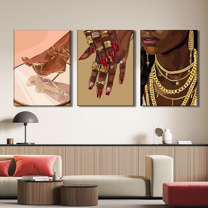 YFvrPt Black Woman Wall Art African American Women Wall Decor Set of 3 Trendy Abstract Black Girl Canvas Poster Prints Aesthetic Pictures for Bedroom Living Room Framed 16x24 inch
