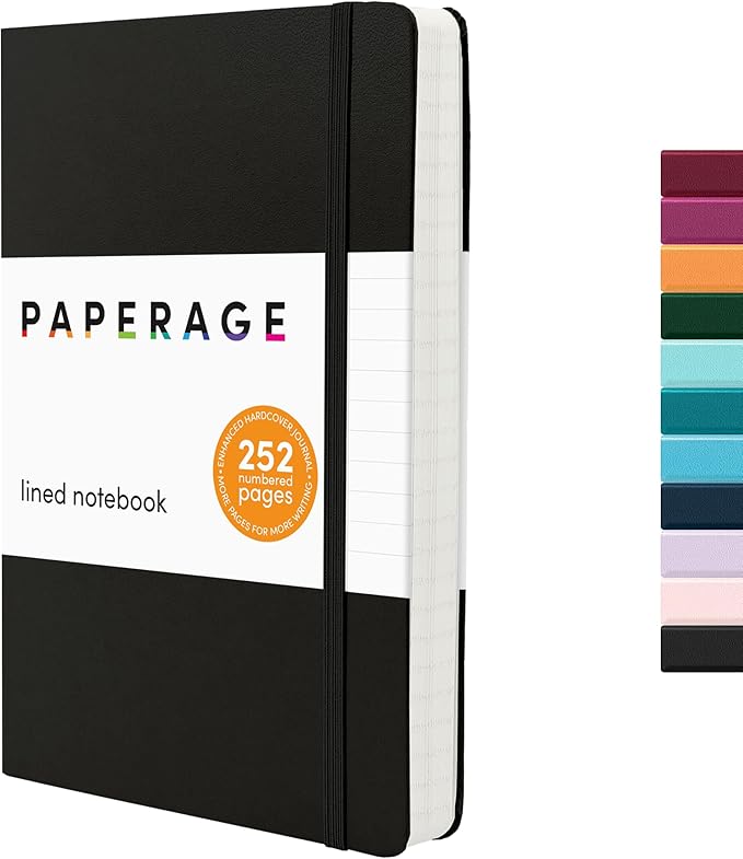 PAPERAGE Lined Journal Notebook, (Black), 252 Pages, Medium 5.6 in x 8 in - 100 GSM Thick Paper – Hardcover Journaling Notebook for Work, School & Note Taking