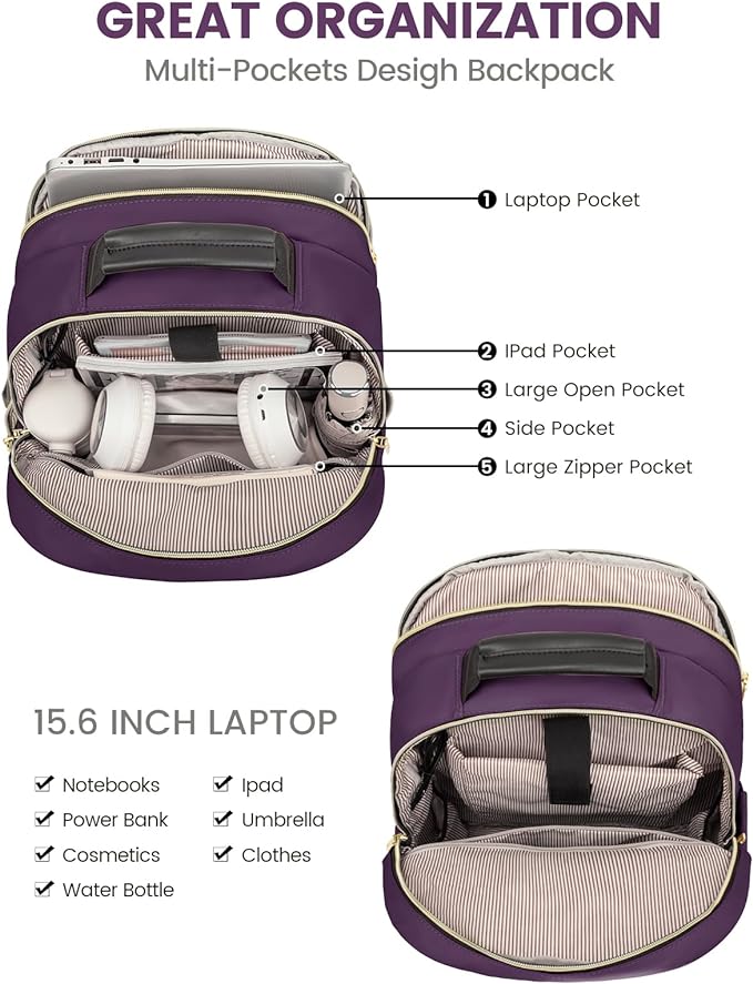 LOVEVOOK Laptop Backpack Purse for Women, Work Travel Computer Bags, College School Backpack for Student Girl, Quilted Casual Daypack with USB Port, Fit 15.6 Inch Laptop, Deep Plum