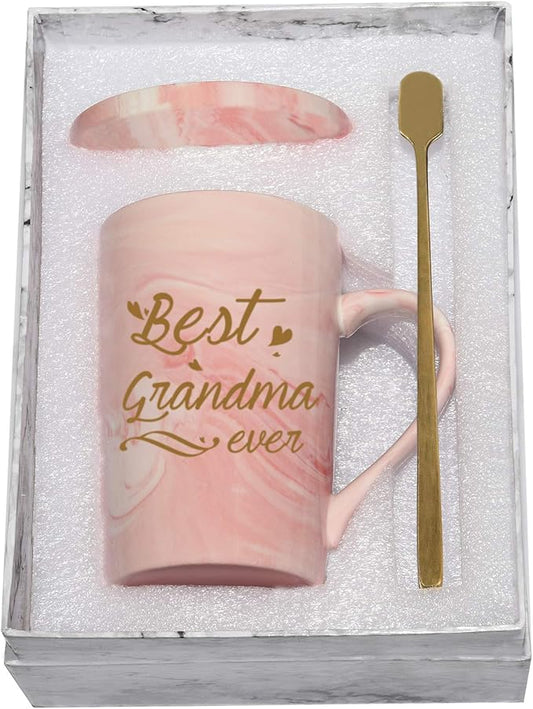 Best Grandma Mug Best Grandma Ever Mug Grandma gifts Birthday Mothers Day Gifts for Grandma from Granddaughter Grandson Grandchildren Grandkids 14 Ounce Exquisite Box Spoon and Mug Mat Pink