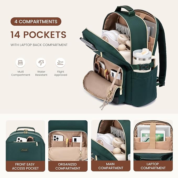 LOVEVOOK Laptop Backpack for Women with Pouch Pocket for Large Capacity Cup,18 Inch Laptop Computer Bag Travel Backpack Purse,Waterproof Work Business Backpack College Teacher Bags,Dark Green
