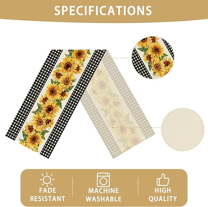 Sunflower Table Runner Kitchen Dining Linen Table Decoration for Indoor Outdoor Home Party Dinner 13x72 Inch