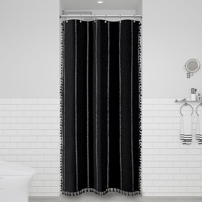 BTTN Boho Shower Stall Curtain - 36x72 Narrow Linen Ultra Thick Striped Tassel Fabric Shower Curtain with 6 Hooks, Half Modern Farmhouse Cottage Weighted Shower Curtains for Bathroom - Black and White