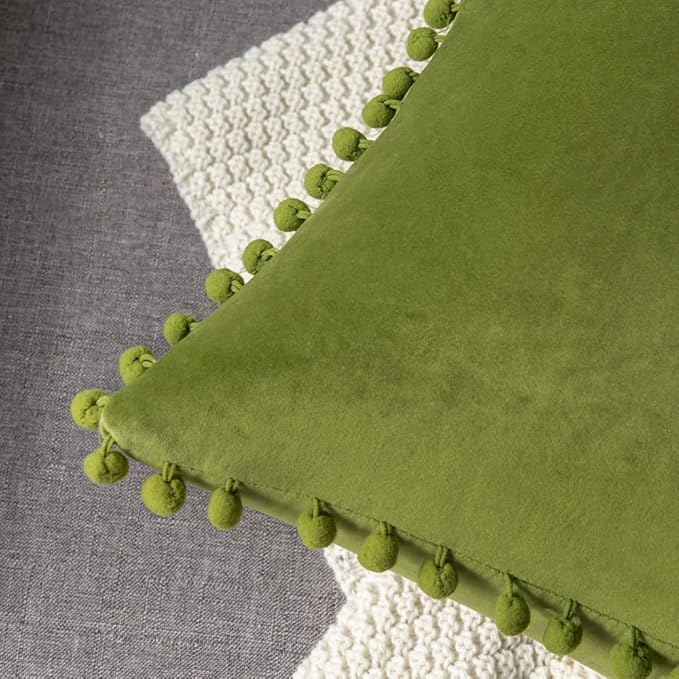 DEZENE Couch Pillow Cases 24x24 Chartreuse: 2 Pack Cozy Soft Pom-poms Velvet Square Throw Pillow Covers for Farmhouse Home Decor