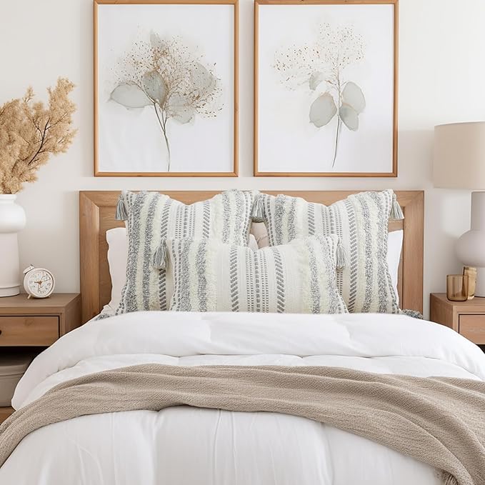 decorUhome Decorative Boho Throw Pillow Cover 20x20, Accent Neutral Textured Tufted Pillow Cover Striped for Couch Bed Sofa, Grey and Cream White, Pack of 1