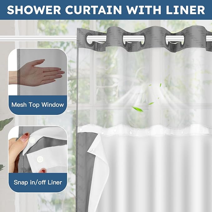 No Hook Shower Curtain and Snap in Liner Set Grey Tufted Chevron Striped Cloth Waterproof Washable Fabric Boho Gray Bath Curtain with See Through Mesh Top Window for Bathroom Hotel 71" x 74"