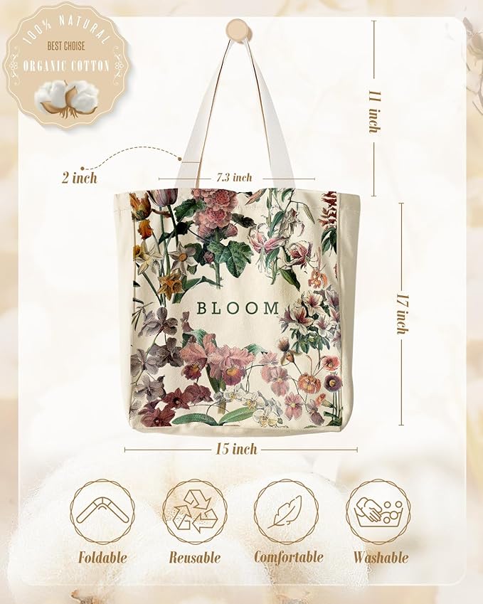 Aesthetic Heavy Canvas Tote Bag with Pocket for Women, Cloth Gusseted Totes Bag with Pattern for Shopping