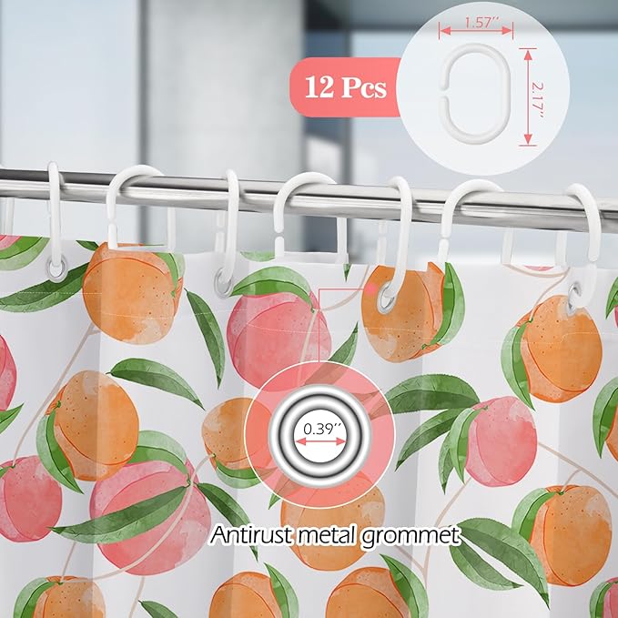 Aimego Peach Fruit Shower Curtain - Pink Orange Cute Peach Green Leaves Plant Modern Nature Fabric Cloth Bath Shower Curtain Set with 12 Hooks for Bathroom Decor Accessories, 72"x72"